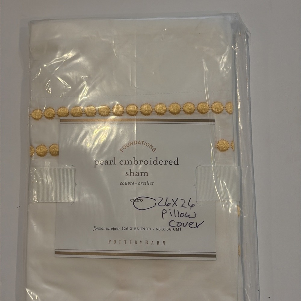 Pottery Barn Euro Sham Foundations Pearl Embroidered White/gold Yellow Dots